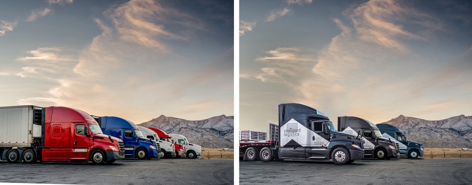 Red White and Blue Parked Trucks Lined up at a Truck Stop